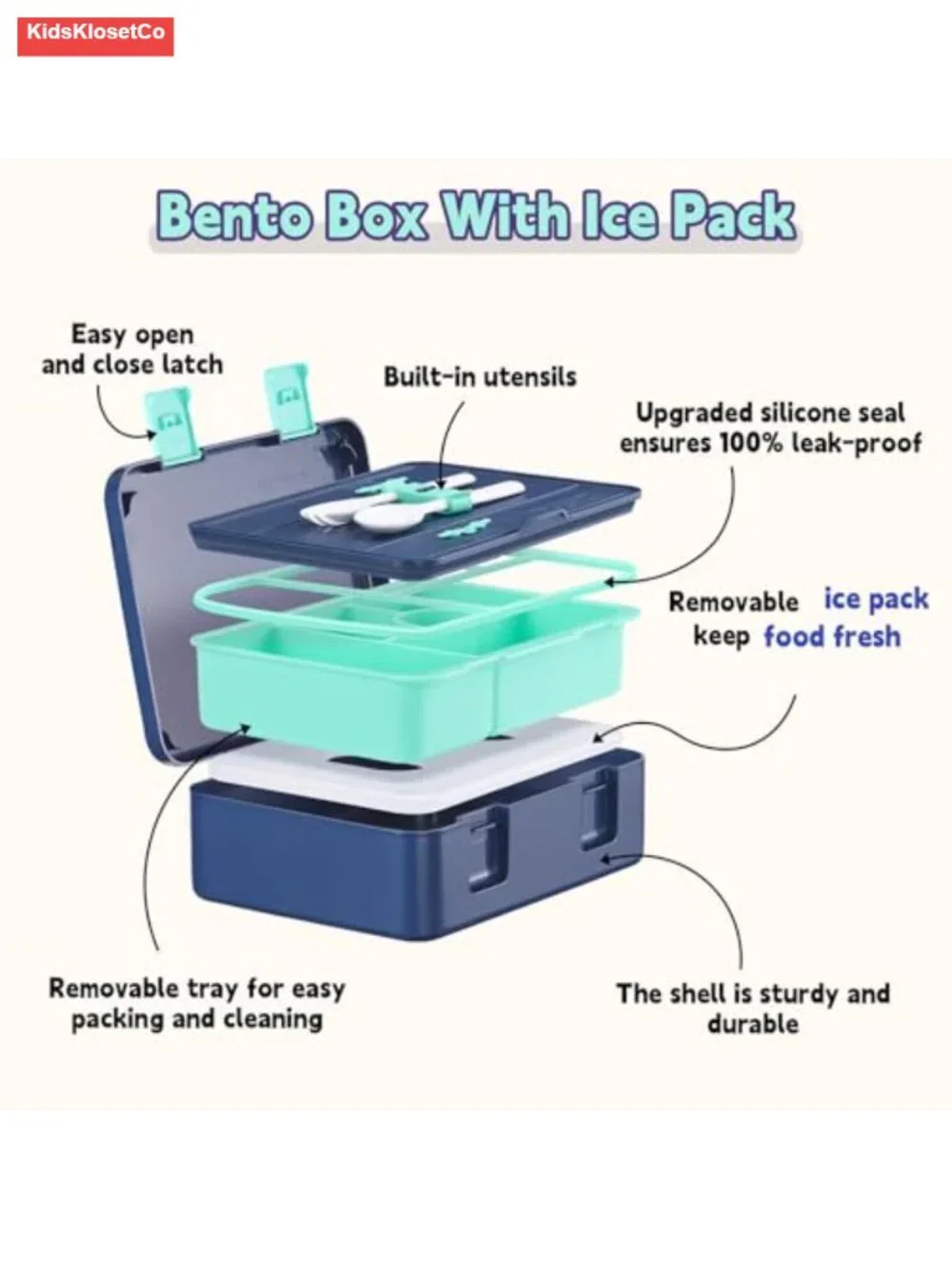 Kids Lunch Bento Box with Ice Pack, 5 Compartments, Leak Proof, BPA-Free,